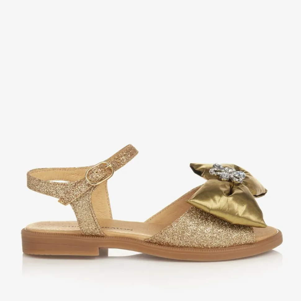 Girls Glittery Gold Satin Bow Sandals