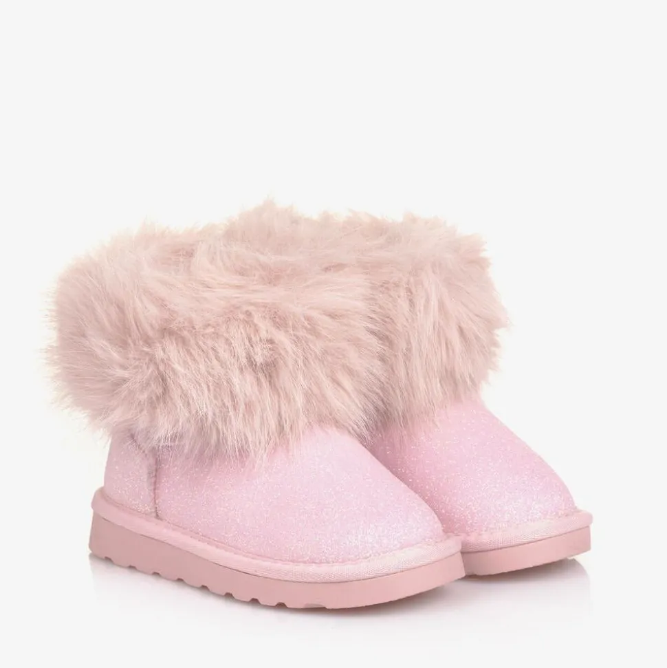 Girls Glittery Pink Faux Fur Boots