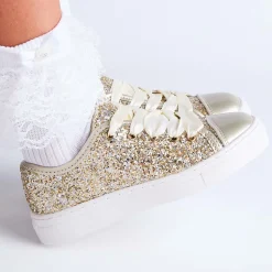 Girls Gold Glitter Lace-Up Trainers
