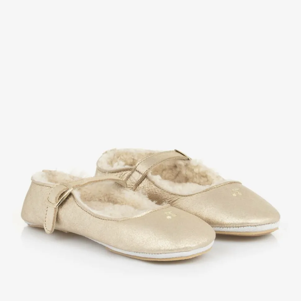 Girls Gold Leather Ballerina Shoes