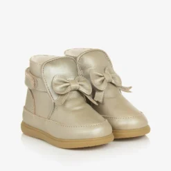 Girls Gold Leather Bow First Walker Boots