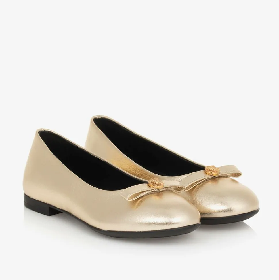 Girls Gold Leather Medusa Pumps