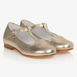 Girls Gold Leather T-Bar Shoes