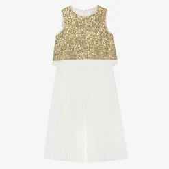Girls Gold Sequins & Pleats Jumpsuit