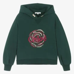 Girls Green Embroidered Cotton Hoodie