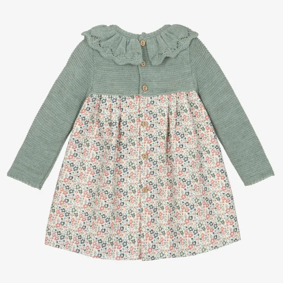 Girls Green Floral Cotton Dress