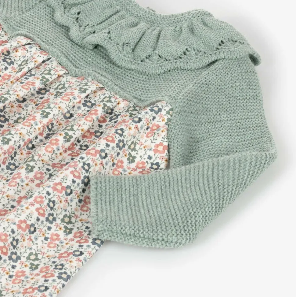 Girls Green Floral Cotton Dress