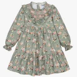 Girls Green Floral Cotton Dress