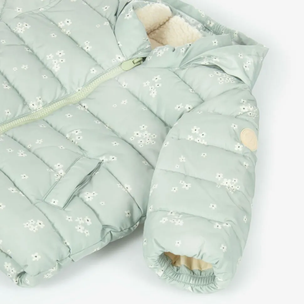 Girls Green Floral Hooded Puffer Coat