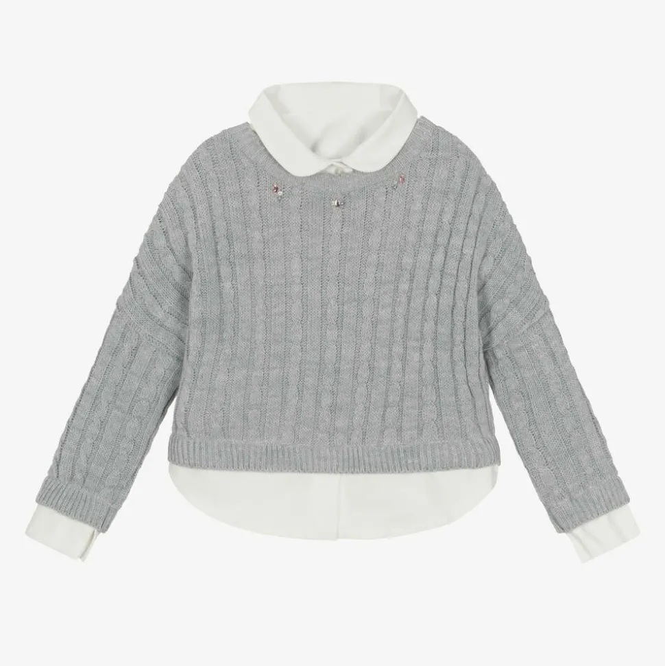 Girls Grey Cable Knit Layered Sweater