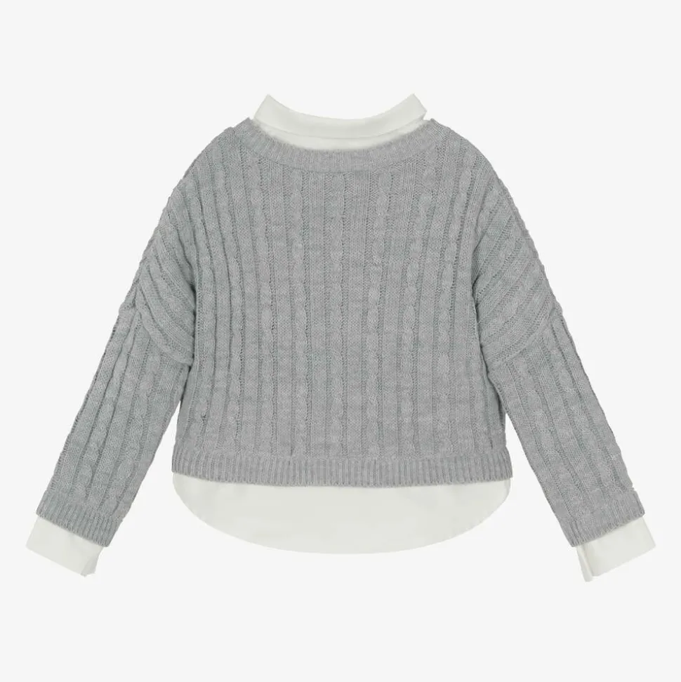 Girls Grey Cable Knit Layered Sweater