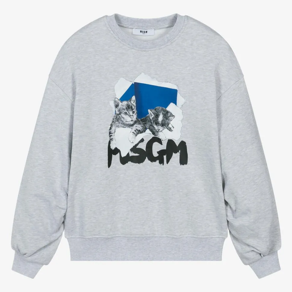 Girls Grey Cotton Kitten Sweatshirt