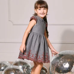Girls Grey Embroidered Dress