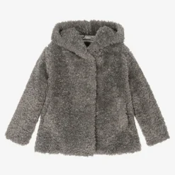 Girls Grey Hooded Faux Fur Coat