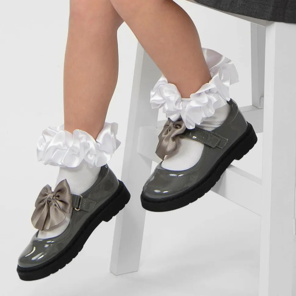 Girls Grey Patent Bow Shoes