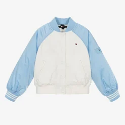 Girls Ivory & Blue Varsity Bomber Jacket