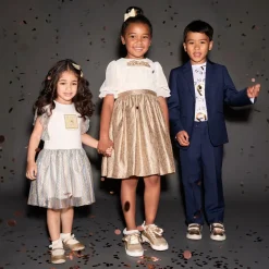 Girls Ivory & Metallic Ruffle Dress