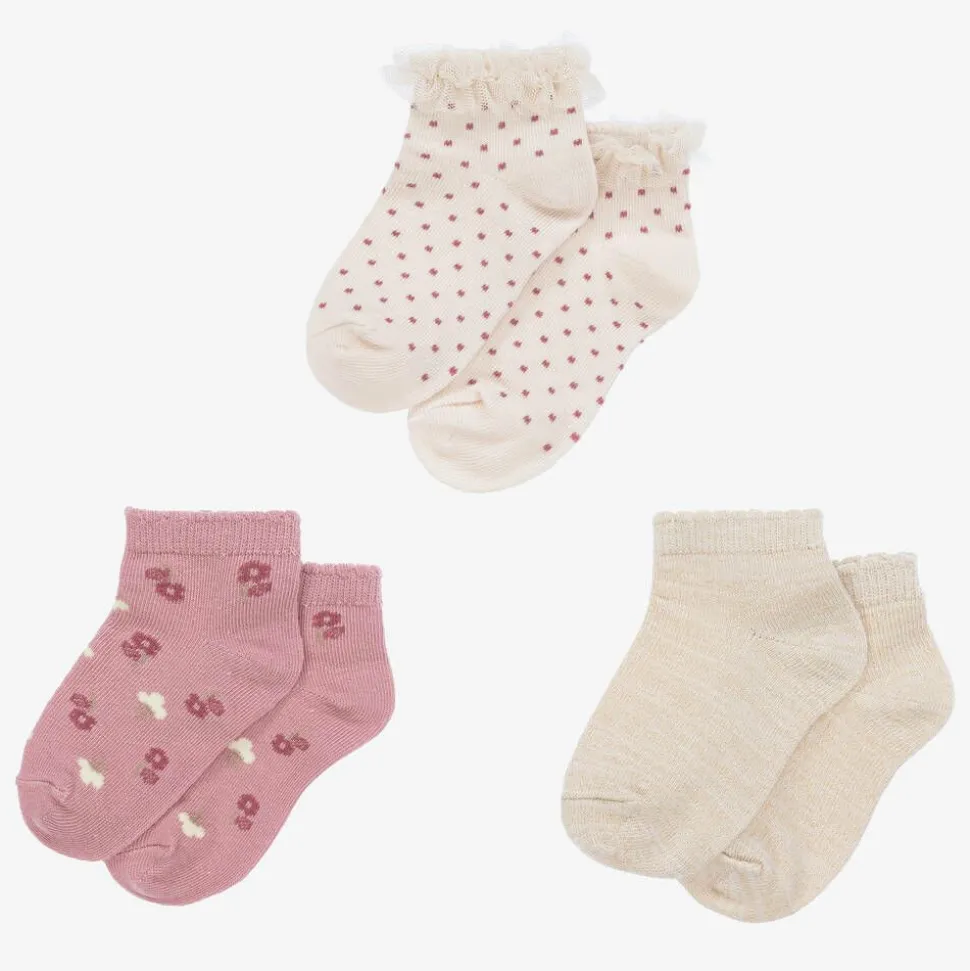 Girls Ivory & Pink Cotton Socks (3 Pack)