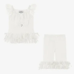 Girls Ivory Cotton & Lace Leggings Set