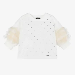 Girls Ivory Cotton & Tulle Stud T-Shirt