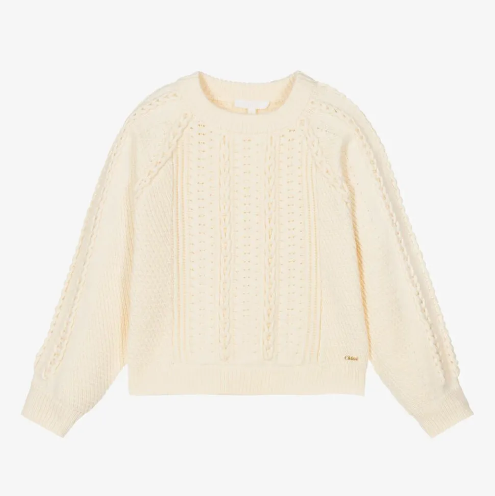 Girls Ivory Cotton Cable Knit Sweater