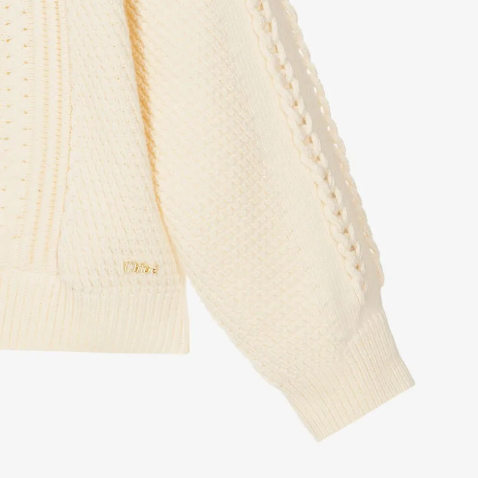 Girls Ivory Cotton Cable Knit Sweater