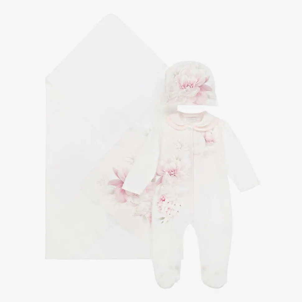Girls Ivory Cotton Floral Babysuit Set
