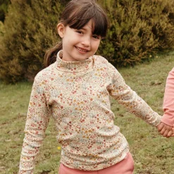 Girls Ivory Cotton Floral Roll Neck Top