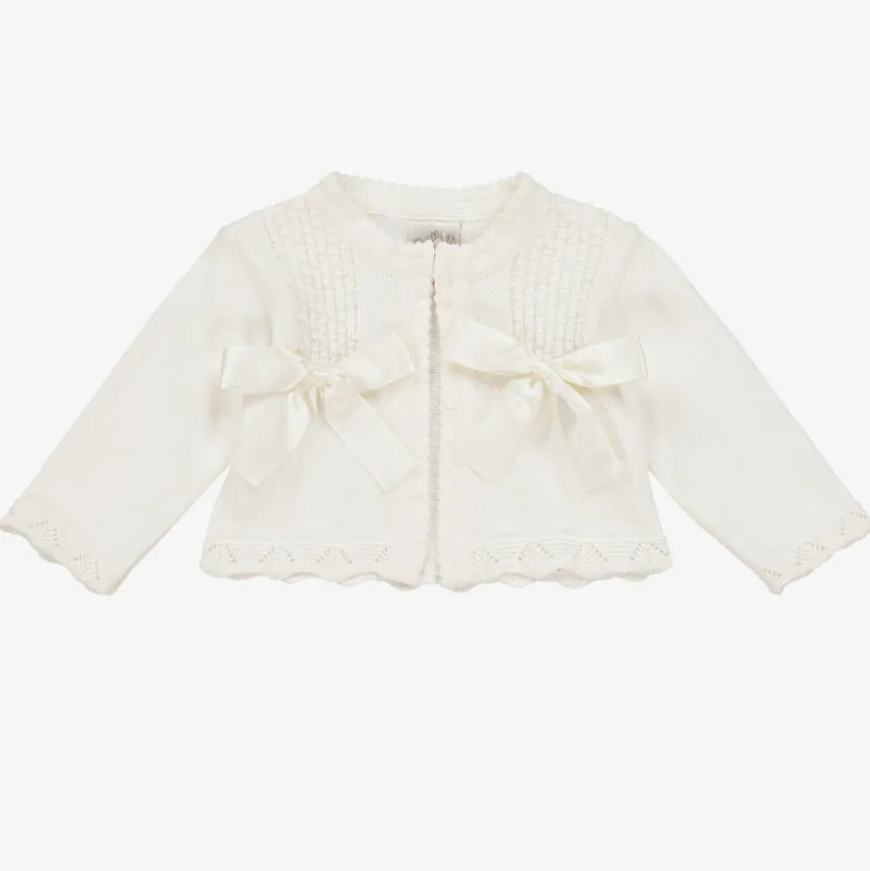 Girls Ivory Cotton Knit Bow Cardigan