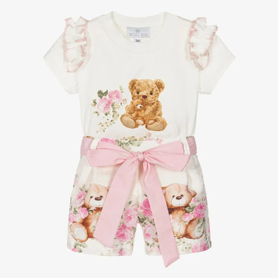 Girls Ivory Cotton Teddy Bear Shorts Set