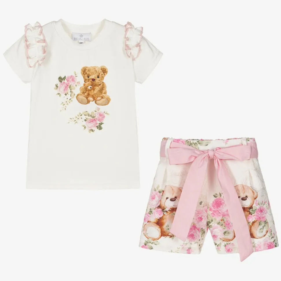 Girls Ivory Cotton Teddy Bear Shorts Set