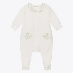 Girls Ivory Embroidered Velour Babygrow