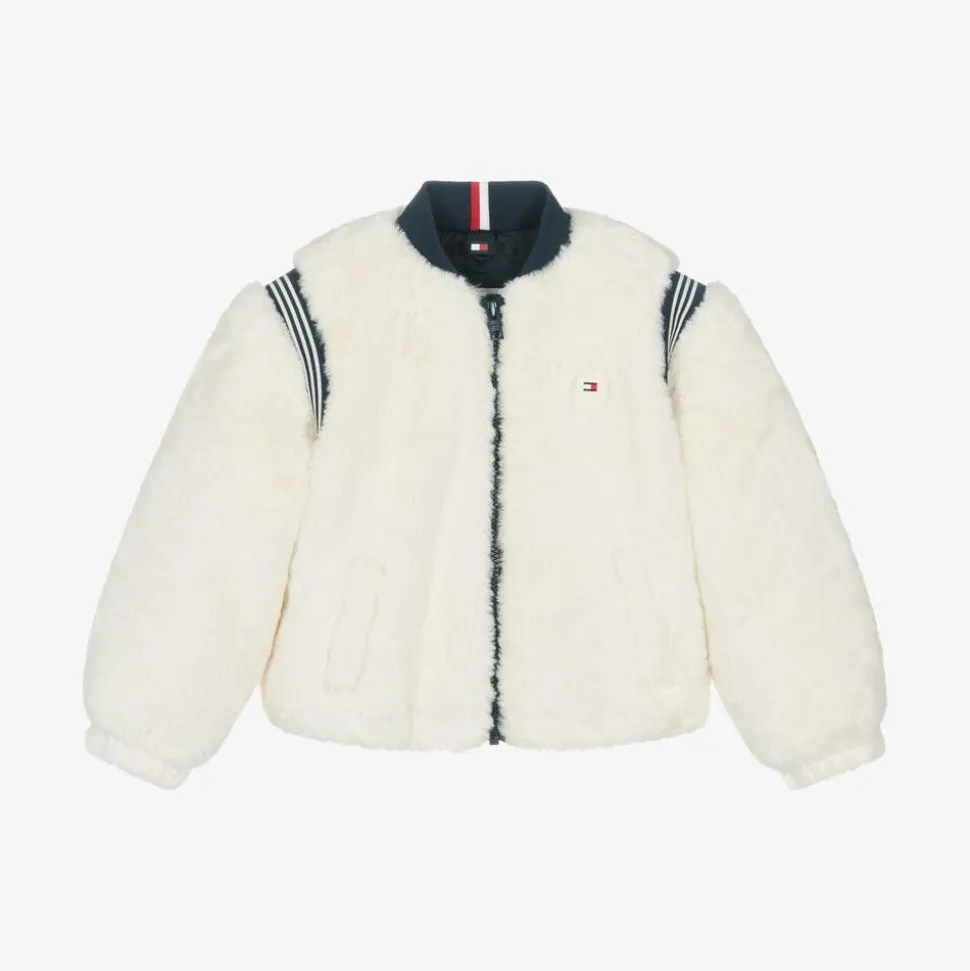 Girls Ivory Faux Fur Varsity Jacket