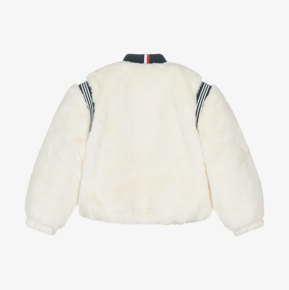 Girls Ivory Faux Fur Varsity Jacket