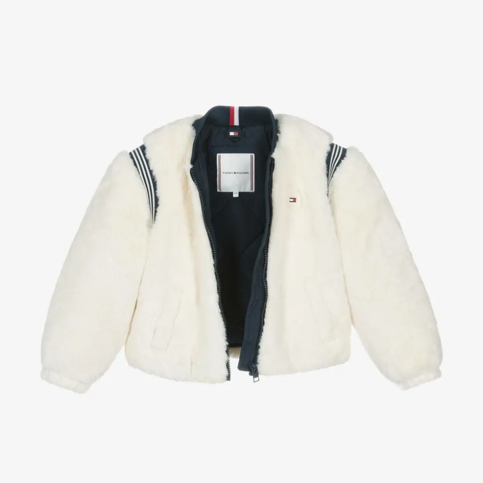 Girls Ivory Faux Fur Varsity Jacket