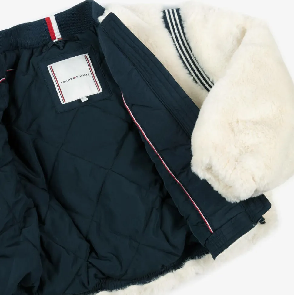 Girls Ivory Faux Fur Varsity Jacket