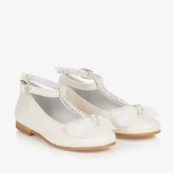 Girls Ivory Leather Ballerina Bar Shoes