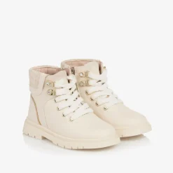 Girls Ivory Leather Lace-Up Boots