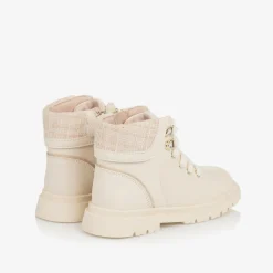 Girls Ivory Leather Lace-Up Boots