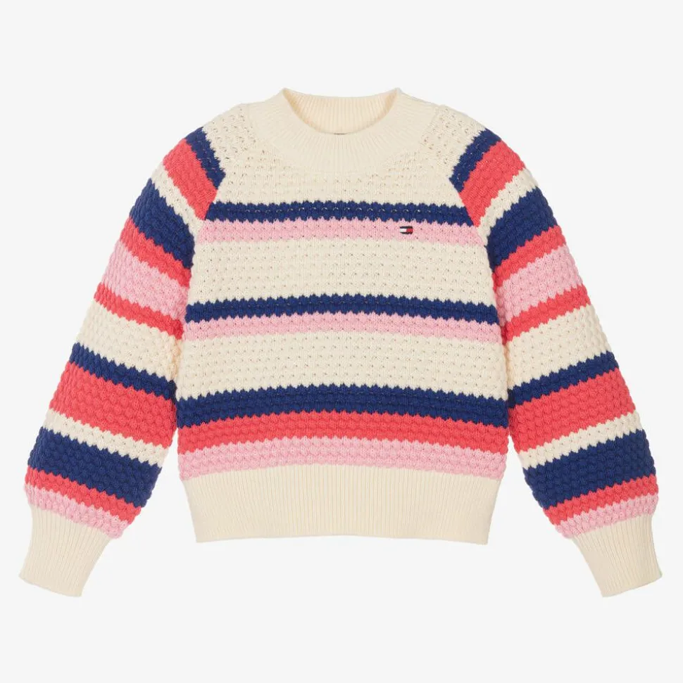 Girls Ivory Striped Cotton Sweater