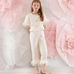 Girls Ivory Tweed Trouser Set