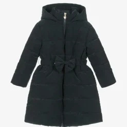 Girls Navy Blue Bow Puffer Coat