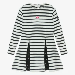 Girls Navy Blue Breton Stripe Cotton Dress