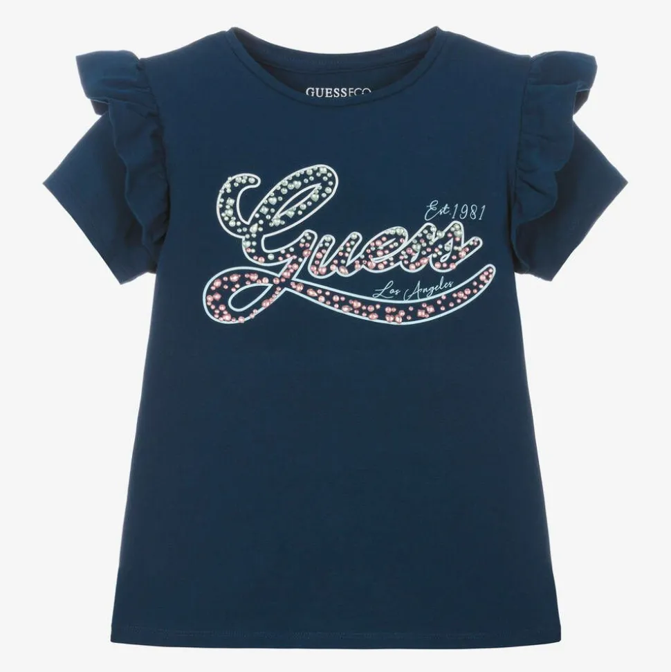 Girls Navy Blue Cotton Rhinestone T-Shirt