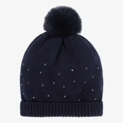 Girls Navy Blue Diamanté Cotton Knit Hat
