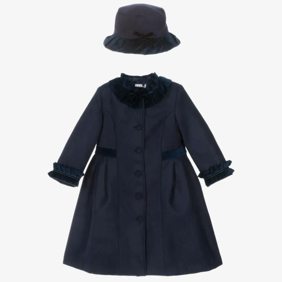 Girls Navy Blue Felted Hat & Coat Set