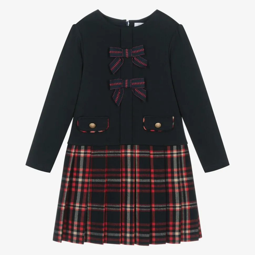 Girls Navy Blue Jersey & Tartan Flannel Dress