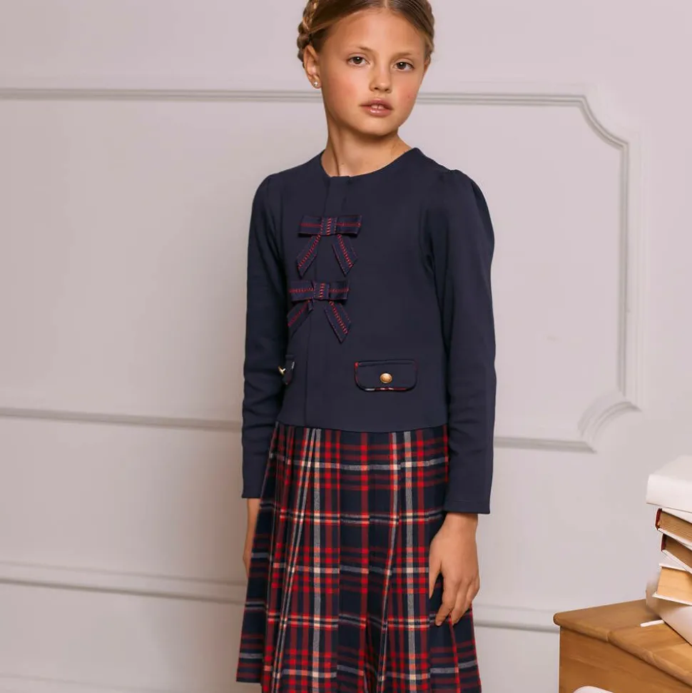 Girls Navy Blue Jersey & Tartan Flannel Dress