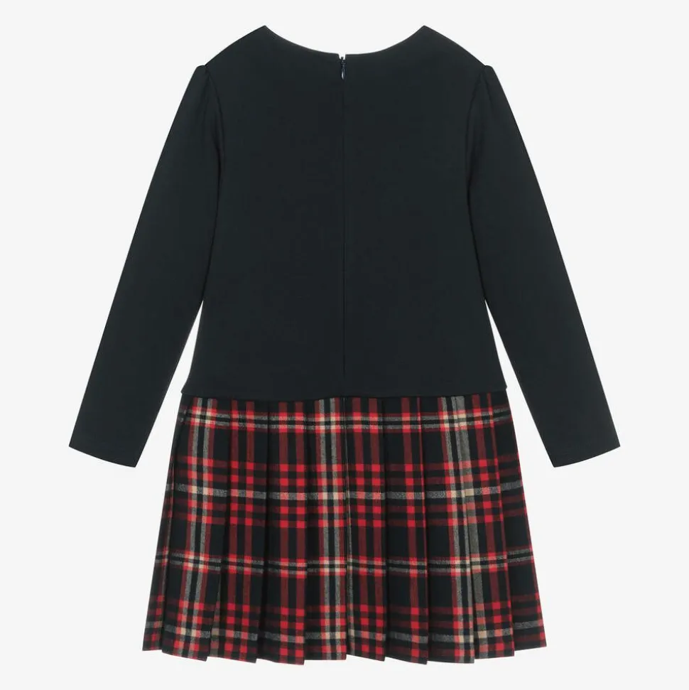 Girls Navy Blue Jersey & Tartan Flannel Dress