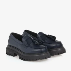 Girls Navy Blue Leather Loafers